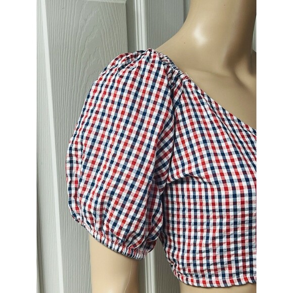 SIM & SAM Puff Sleeve Gingham Crop Top S Smock back Cowgirl Cottagecore Patriot - Picture 2 of 9